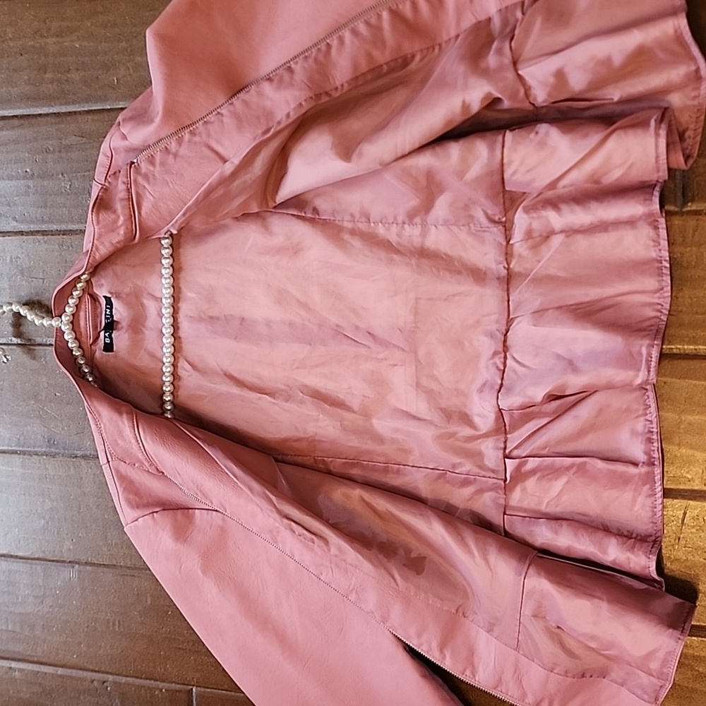 Baccini Blush Soft Pink Vegan Leather Zip Up Peplum Longsleeve Jacket Coat - Picture 8 of 12